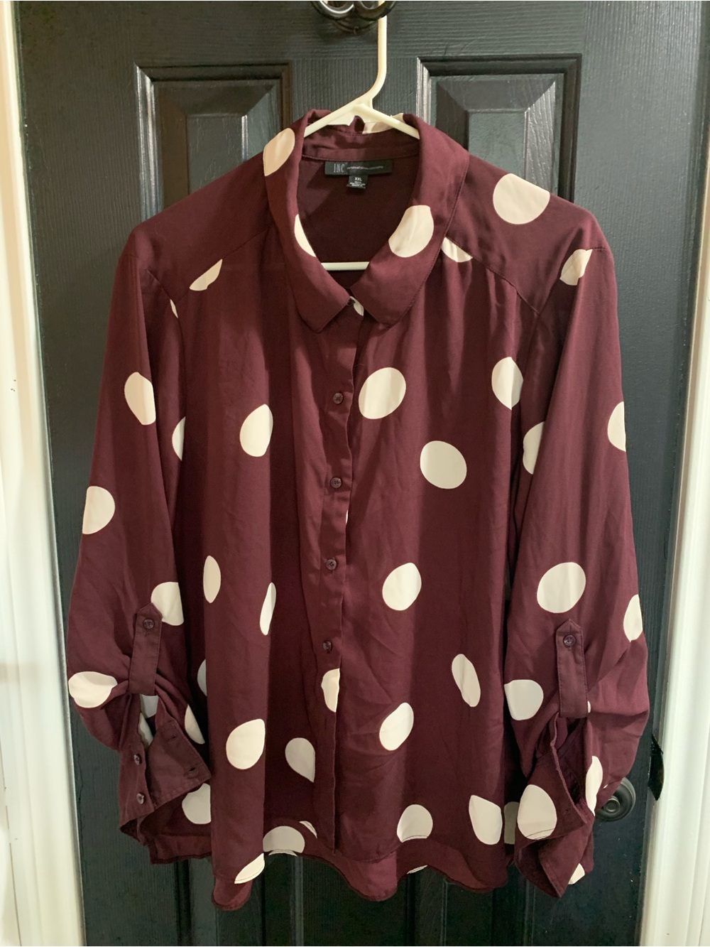 INC International Concepts Burgundy Button-Down Blouse with Cream Polka Dots
